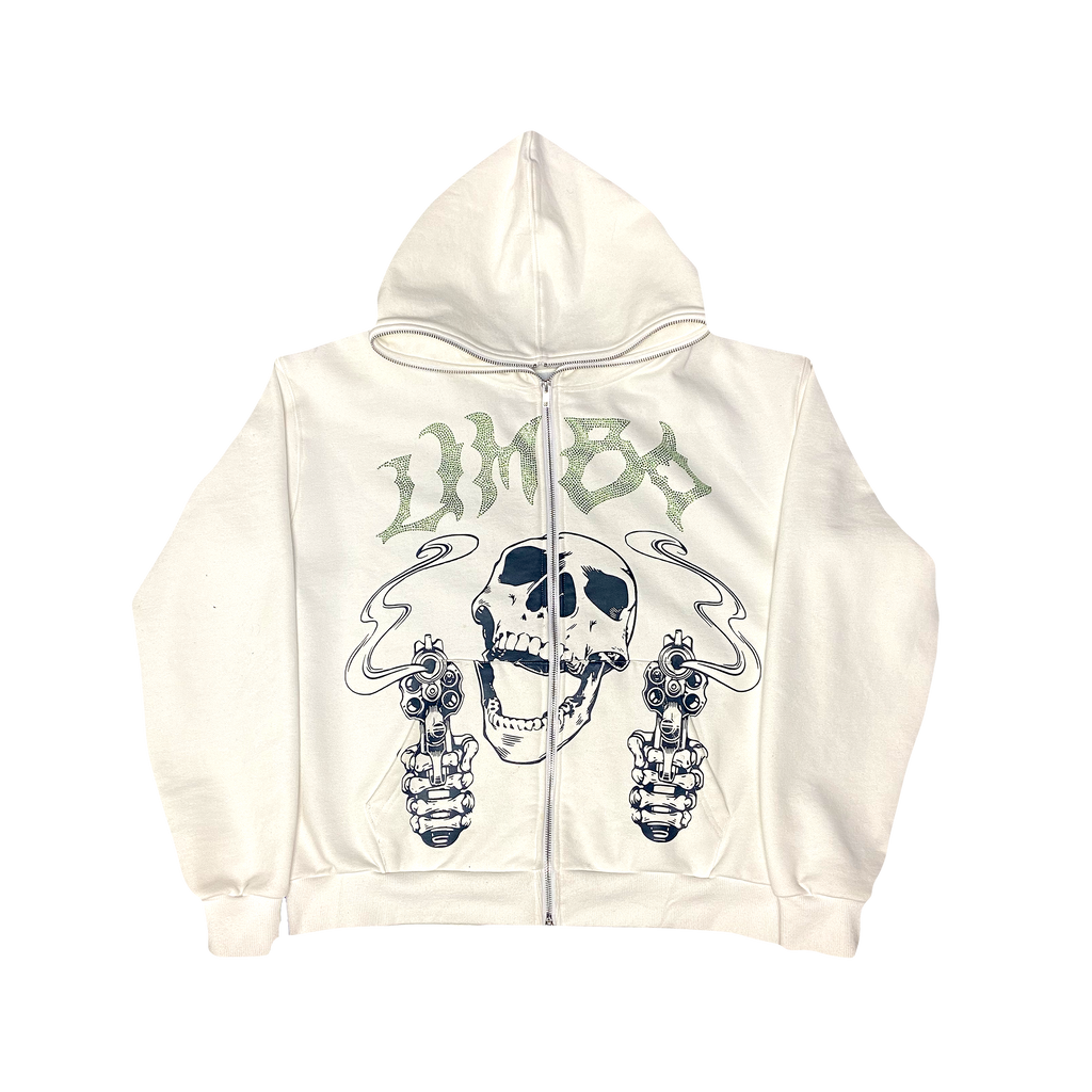 SHOOTER RHINESTONE ZIP HOODIE WHITE